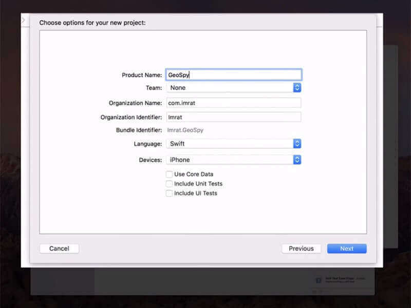 プロジェクト名を指定し、「Next(次へ)」 をクリックして続行する。